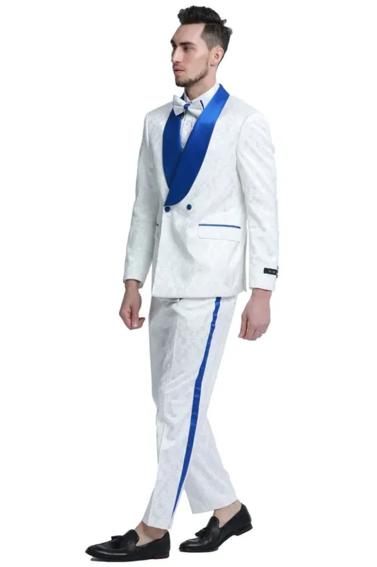 Men's Slim Fit Double Breasted Paisley Smoking Jacket Prom & Wedding Tuxedo in White & Royal Blue sold by Alberto Nardoni