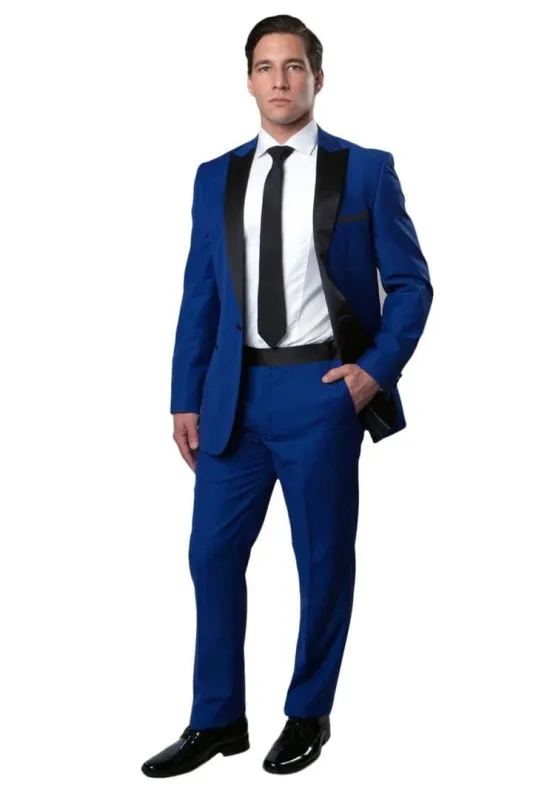 Men's Slim Fit One Button Peak Lapel Wedding Tuxedo in Royal Blue sold by Alberto Nardoni