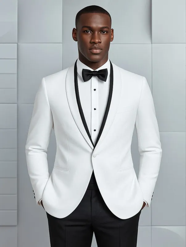 Mens Designer Traditional Shawl Dinner Jacket in White & Black sold by Alberto Nardoni