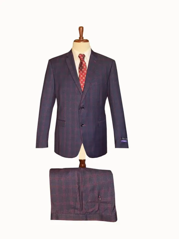 Mens Plaid Suits - Windowpane Wool Suits - Navy Blue with Dark Burgundy Pattern - Business Wool Suit Available in Classic or modern fit sold by Alberto Nardoni