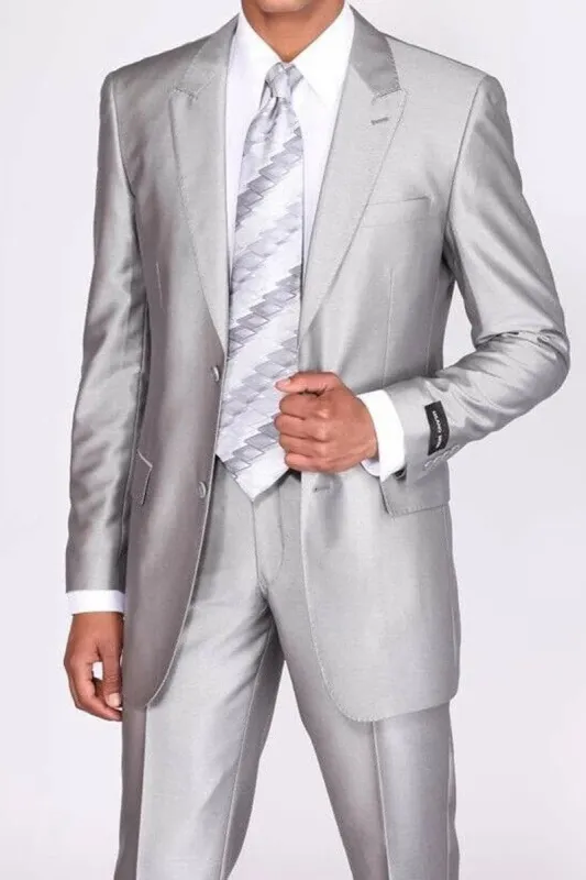 Mens 2 Button Peak Lapel Shiny Sharkskin Suit in Silver sold by Alberto Nardoni