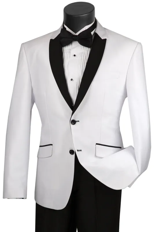 Mens 2 Buttton Slim Contrast Peak Lapel Tuxedo in White sold by Alberto Nardoni