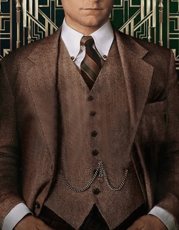 Mens Vested Great Gatsby Tweed Herringbone Tobey Maguire Suit Light Brown sold by Alberto Nardoni