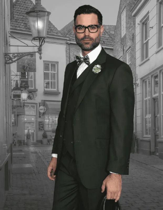 Mens 2 Button Classic Fit Pleated Pant Suit with Double Breasted Vest in Olive Green made by Alberto Nardoni