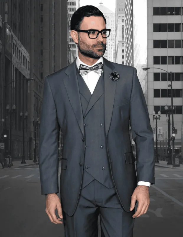 Mens 2 Button Classic Fit Pleated Pant Suit with Double Breasted Vest in Charcoal Grey sold by Alberto Nardoni