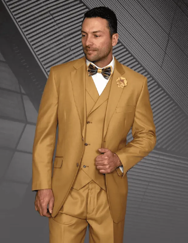 Mens 2 Button Classic Fit Pleated Pant Suit with Double Breasted Vest in Camel sold by Alberto Nardoni