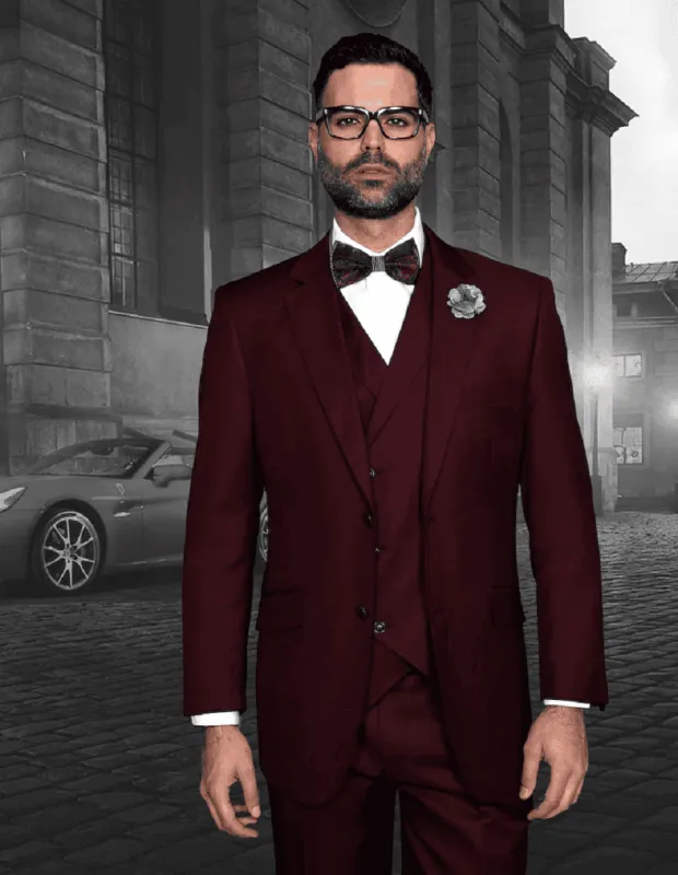 Mens 2 Button Classic Fit Pleated Pant Suit with Double Breasted Vest in Burgundy sold by Alberto Nardoni
