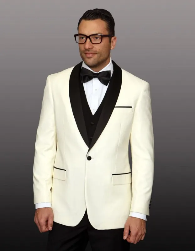 Mens 1 Button Shawl Lapel Wool Dinner Jacket in Ivory & Black sold by Alberto Nardoni
