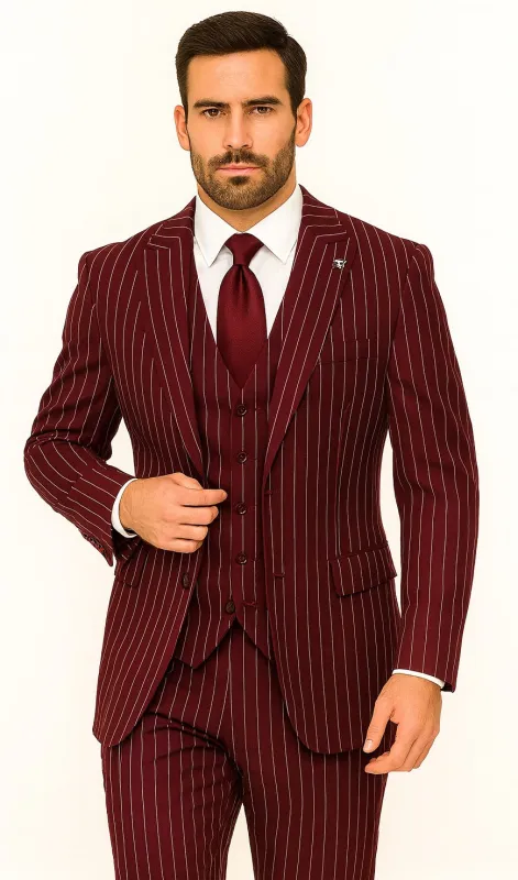 Mens 2 Button Vested 3 Piece Gangster Bold Pinstripe Suit in Burgundy sold by Alberto Nardoni