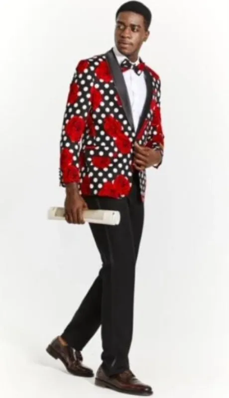 White and Red Tuxedo Mens Plus Size Blazers - Large Mens Blazers Mens Black ~ Red ~ White Paisley Blazer - Big And Tall Sport Coat With Bowtie made by Alberto Nardoni