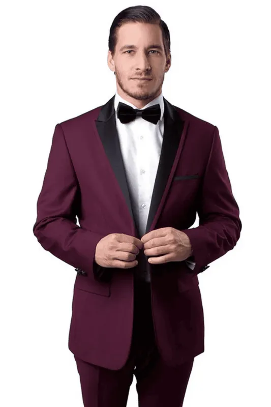 Men’s Slim Fit One Button Satin Trim Peak Lapel Tuxedo in Burgundy – Prom & Wedding Formal Suit made by Alberto Nardoni