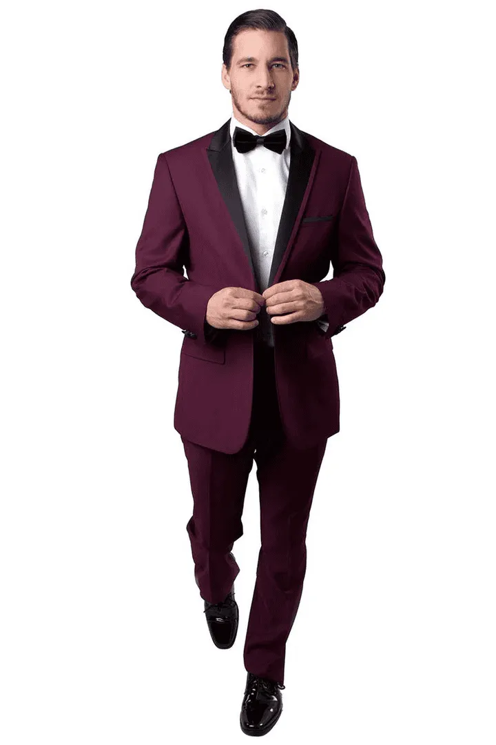 Men’s Slim Fit One Button Satin Trim Peak Lapel Tuxedo in Burgundy – Prom & Wedding Formal Suit sold by Alberto Nardoni product image thumbnail 2