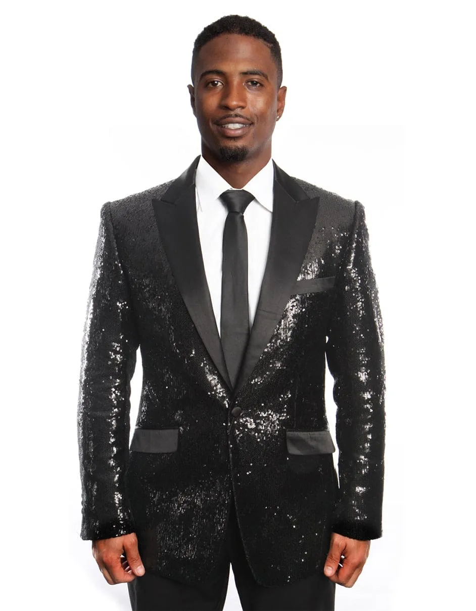 Black Sequin Slim Fit Tuxedo Blazer sold by Alberto Nardoni