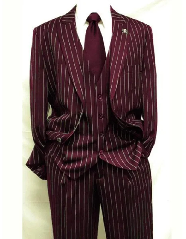 Mens 2 Button Vested 3 Piece Gangster Bold Pinstripe Suit  Burgundy sold by Alberto Nardoni