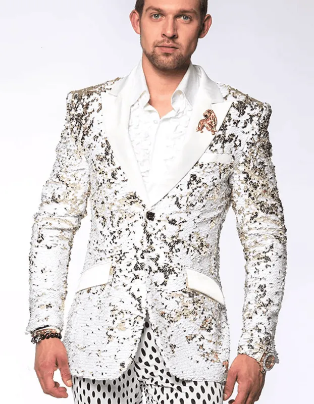 Mens White and Gold Reversible Sequin Prom and Wedding Blazer sold by Alberto Nardoni