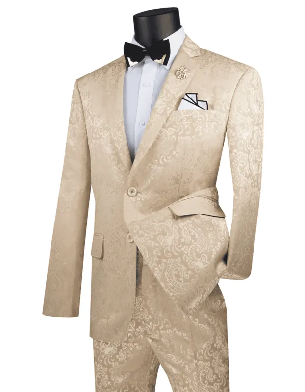 Mens 2 Button Slim Fit Paisley Prom Suit in Beige sold by Alberto Nardoni