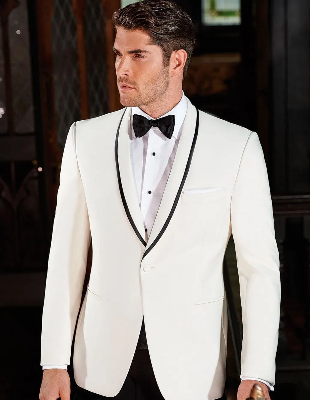 Mens Designer Charles Shawl Dinner Jacket in Ivory with Black Satin Trim sold by Alberto Nardoni