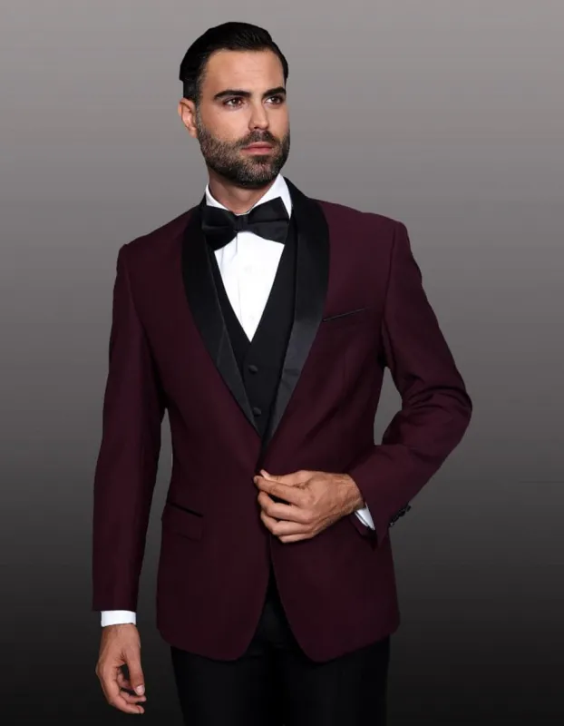 Mens 1 Button Shawl Lapel Wool Dinner  Classic Jacket in Burgundy sold by Alberto Nardoni