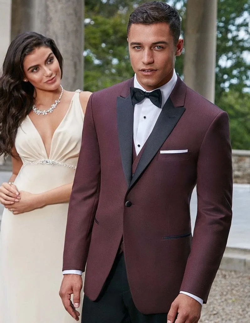 Mens Designer Marbella One Button Peak Tuxedo in Burgundy sold by Alberto Nardoni