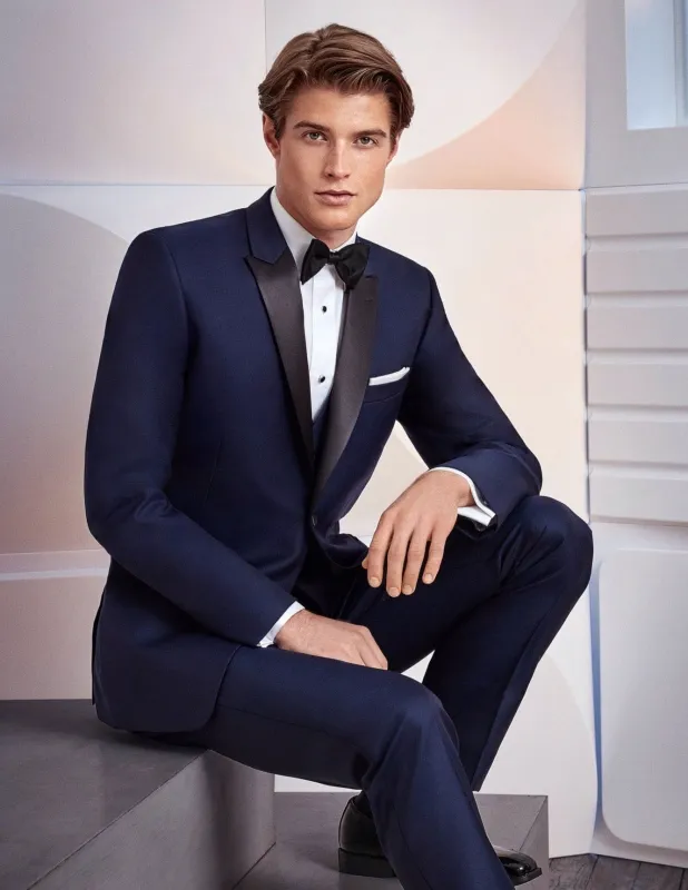 Mens Designer One Button Peak Blake Tuxedo in Navy Blue sold by Alberto Nardoni
