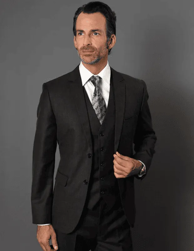 Mens 2 Button Slim Fit Vested Suit in  Textured Fabric Black sold by Alberto Nardoni