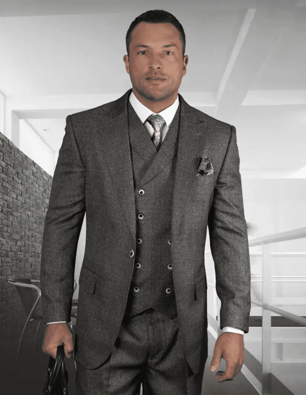 Mens One Button Wool Wide Peak Lapel Vested Pleated Pant Suit in Charcoal Grey sold by Alberto Nardoni