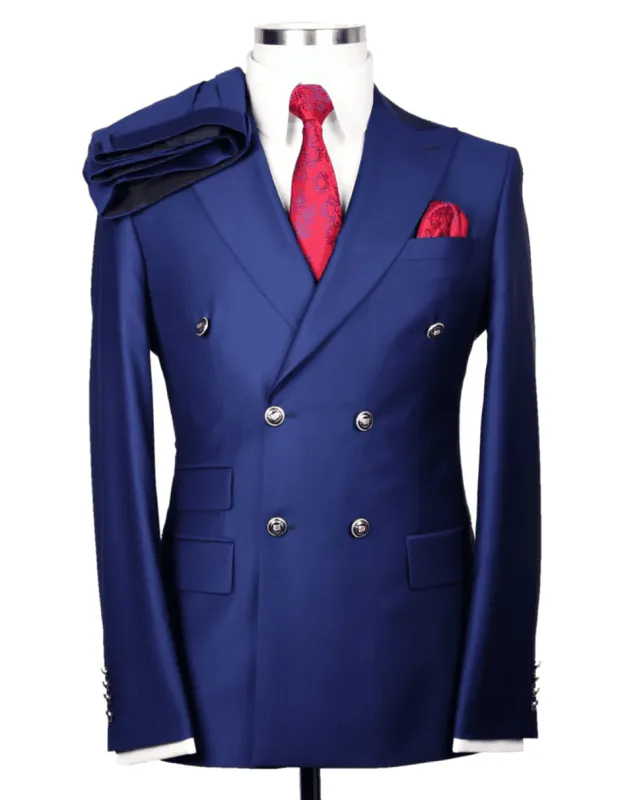 Mens Designer Modern Fit Double Breasted Wool Suit with Gold Buttons in Midnight Blue sold by Alberto Nardoni