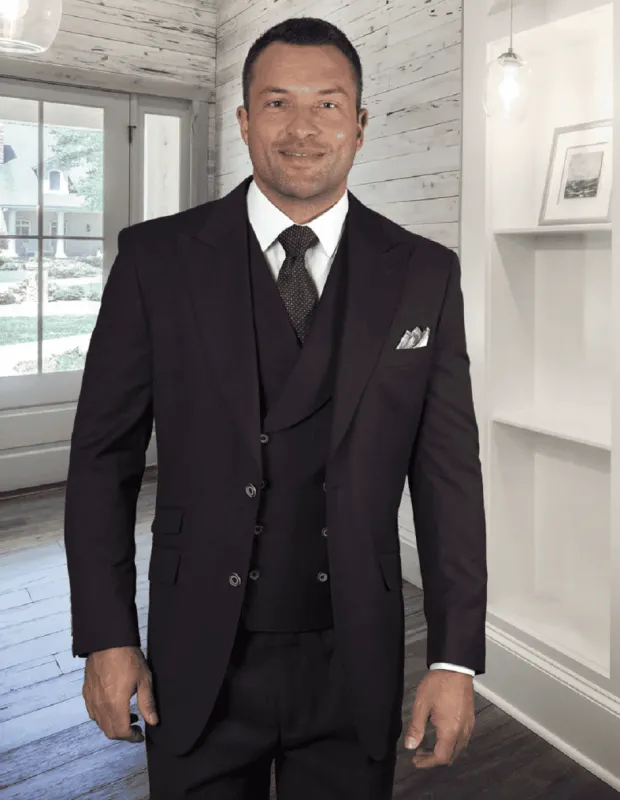 Mens Classic Fit Pleated Pant Wide Peak Lapel Wool Suit with Double Breasted Vest in Burgundy Pinstripe sold by Alberto Nardoni