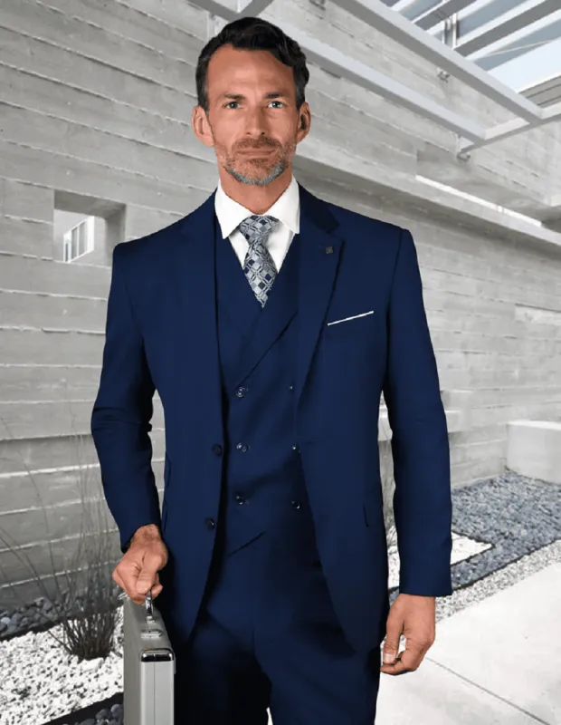 Mens 2 Button Slim Fit Wool Suit With Double Breasted Vest in Sapphire Blue sold by Alberto Nardoni