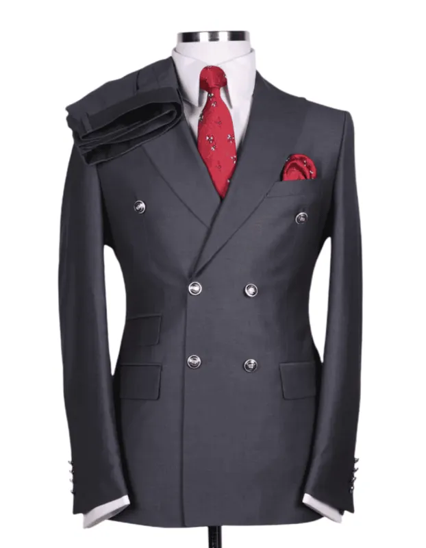 Mens Designer Modern Fit Double Breasted Wool Suit with Gold Buttons in Charcoal sold by Alberto Nardoni