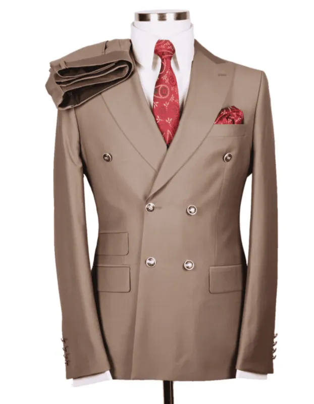 Mens Designer Modern Fit Double Breasted Wool Suit with Gold Buttons in Tan made by Alberto Nardoni