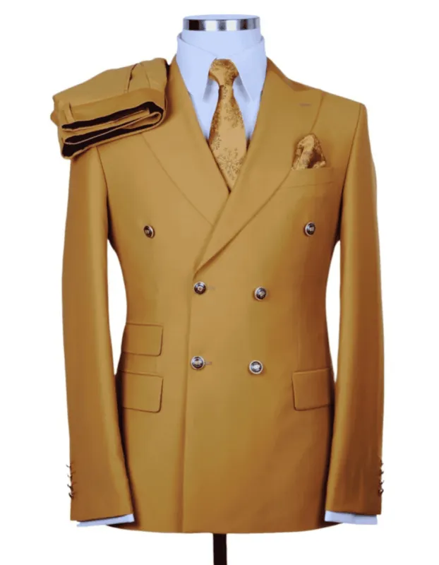 Mens Designer Modern Fit Double Breasted Wool Suit with Gold Buttons in Khaki sold by Alberto Nardoni
