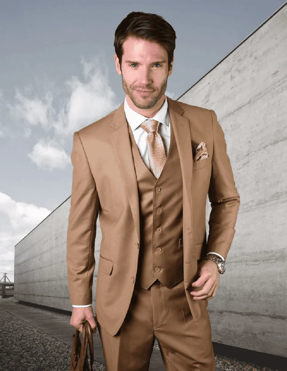 Mens 2 Button Modern Fit Vested Wool Suit in Caramel sold by Alberto Nardoni
