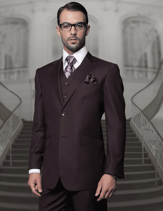 Mens 2 Button Modern Fit Vested Wool Suit in Eggplant sold by Alberto Nardoni