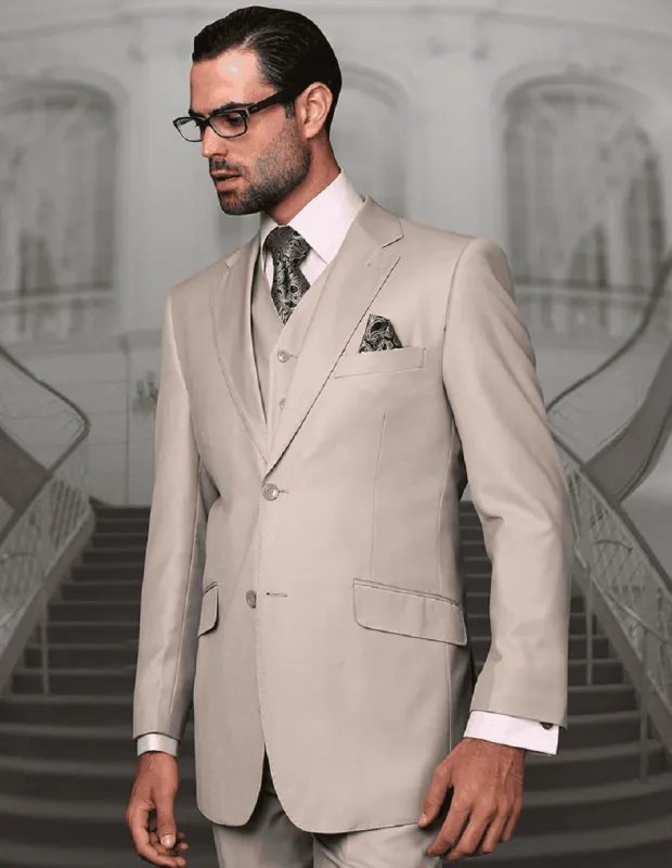 Mens 2 Button Modern Fit Vested Wool Suit in Sand sold by Alberto Nardoni
