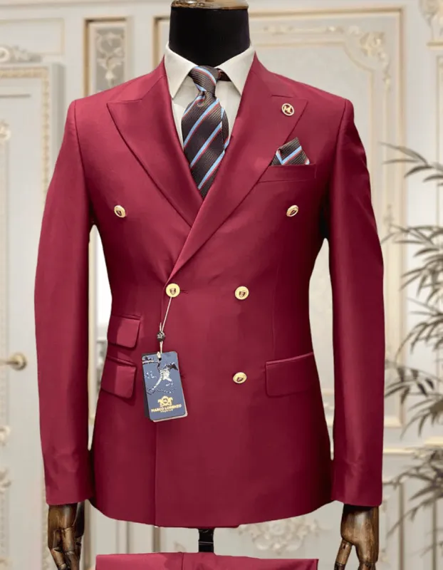 Mens Designer Modern Fit Double Breasted Wool Suit with Gold Buttons in Light Burgundy sold by Alberto Nardoni