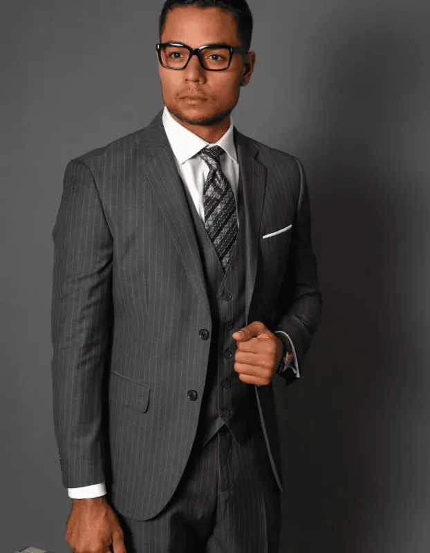 Mens 2 Button Vested Modern Fit Wool Charcoal Grey Pinstripe  Suit sold by Alberto Nardoni