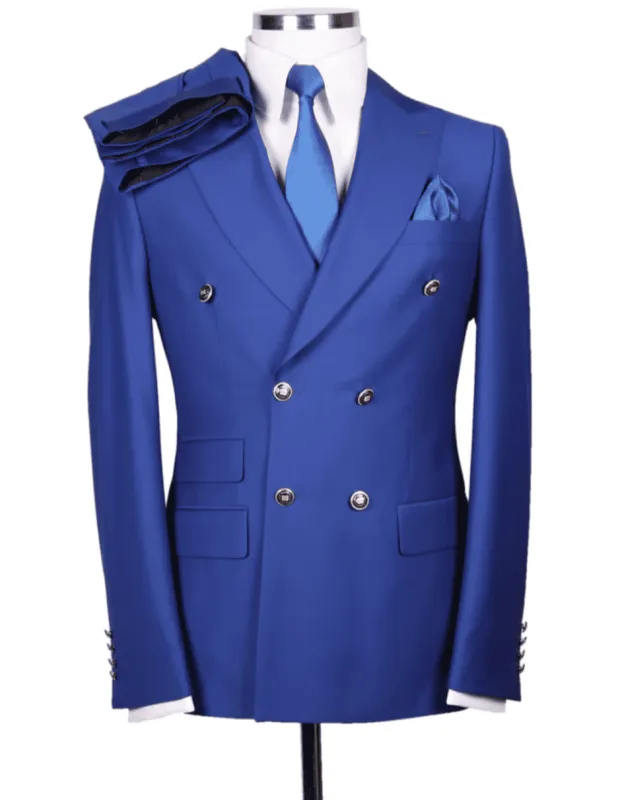 Mens Designer Modern Fit Double Breasted Wool Suit with Gold Buttons in Cobalt Blue sold by Alberto Nardoni