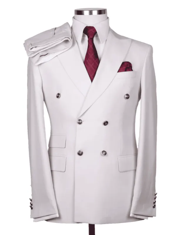 Mens Designer Modern Fit Double Breasted Suit with Gold Buttons in White sold by Alberto Nardoni