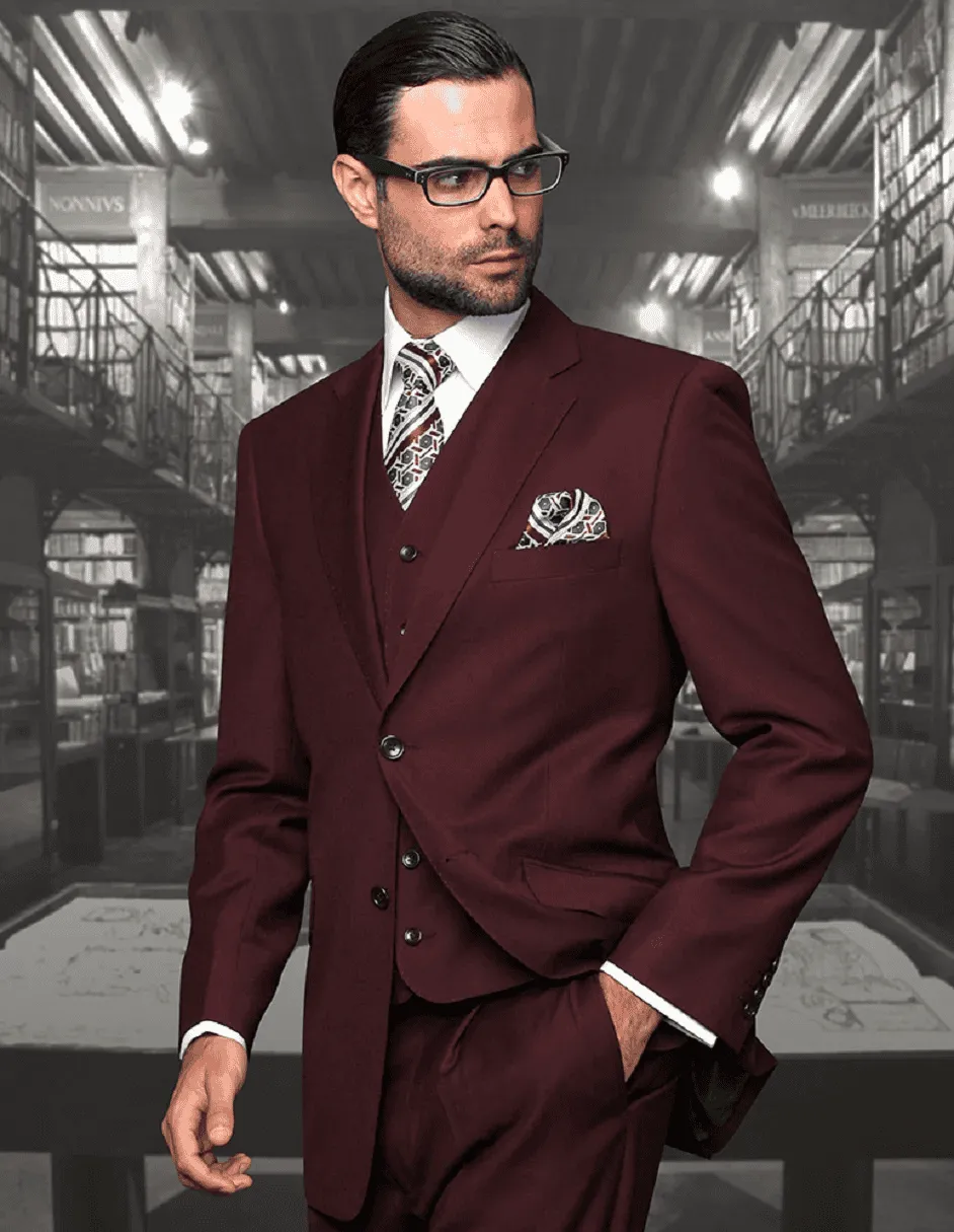 Mens 2 Button Modern Fit Vested Wool Suit in Burgundy sold by Alberto Nardoni