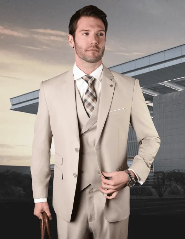 Mens 2 Button Slim Fit Wool Suit With Double Breasted Vest Tan sold by Alberto Nardoni