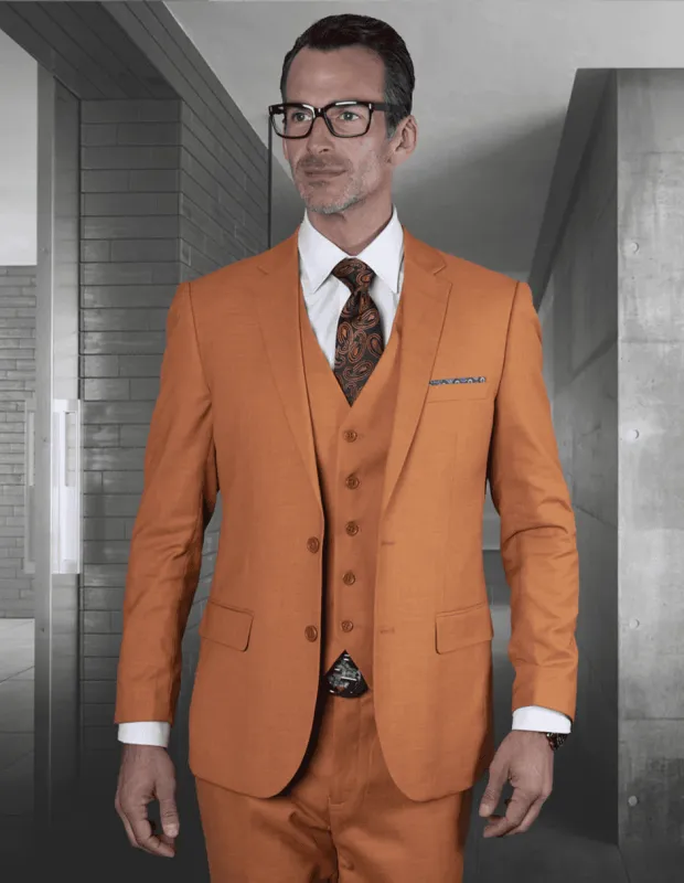 Mens 2 Button Slim Fit Vested Wool Suit in Rust sold by Alberto Nardoni
