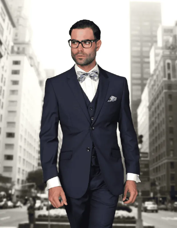Mens 2 Button Modern Fit Vested Wool Suit in Navy sold by Alberto Nardoni