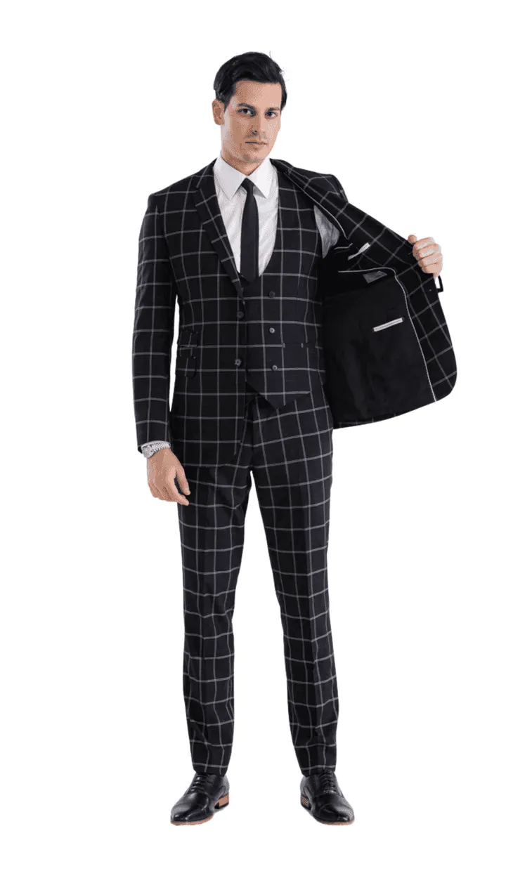Mens Vested Gangster Plaid Pattern 1920's Suit in Black sold by Alberto Nardoni product image thumbnail 5