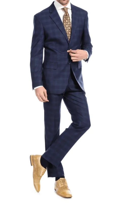 Yves Navy Blue Plaid Check Men'S Premium 2PC Premium Wool Slim Fit Suit sold by Alberto Nardoni