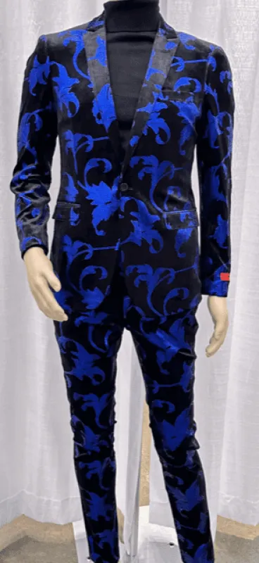 Mens Paisley Suit - Black and Royal Blue Floral Suit - Prom Party Suit made by Alberto Nardoni