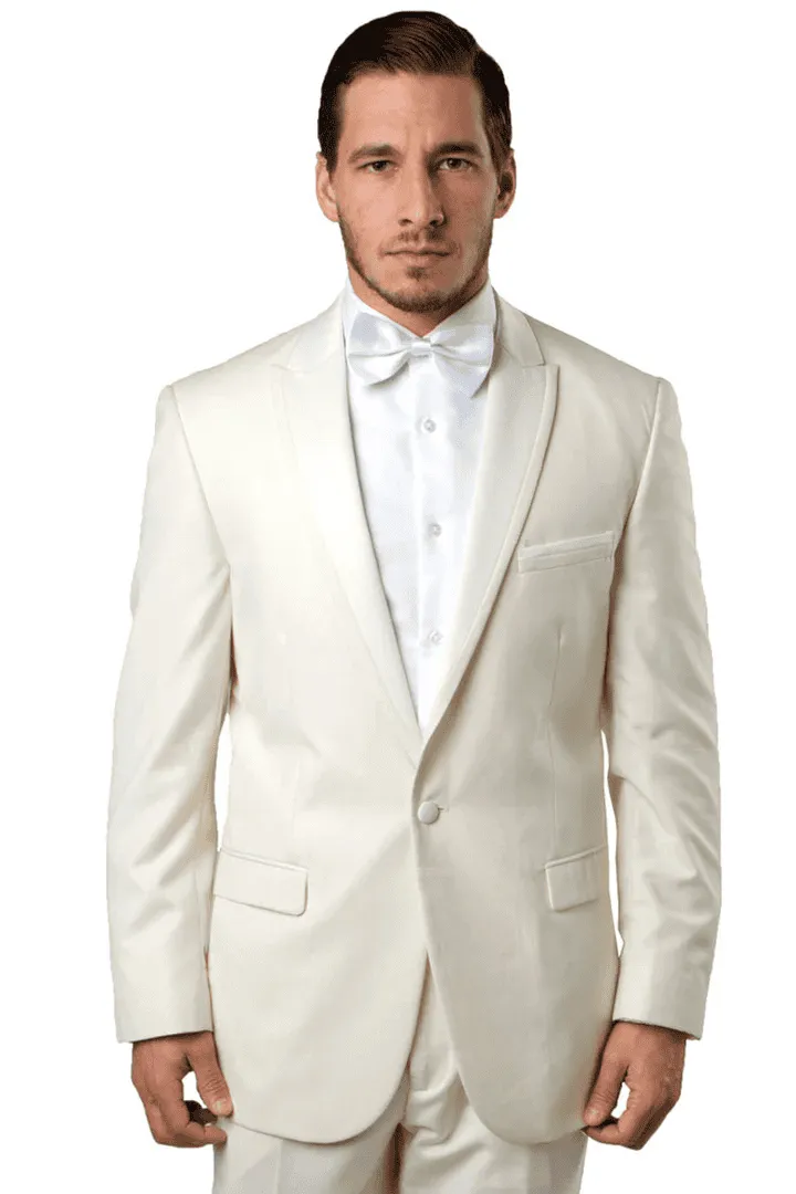 Men's Slim Fit One Button Satin Trim Peak Lapel Prom & Wedding Tuxedo In Ivory sold by Alberto Nardoni product image thumbnail 2