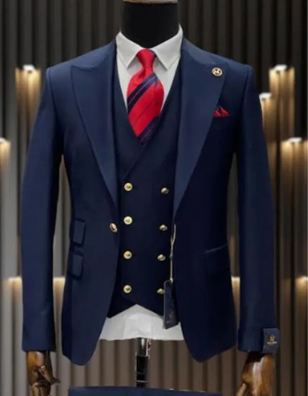 Mens One Button Peak Lapel Wool Suit with Gold buttons in Navy Blue sold by Alberto Nardoni
