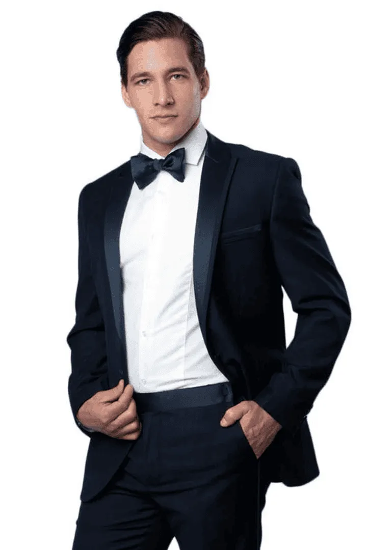 Men's Slim Fit One Button Satin Trim Peak Lapel Prom & Wedding Tuxedo In Navy Blue sold by Alberto Nardoni