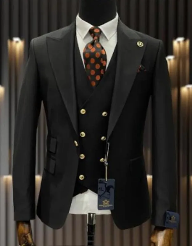 Mens One Button Peak Lapel Vested Wool Suit with Gold buttons in Black sold by Alberto Nardoni